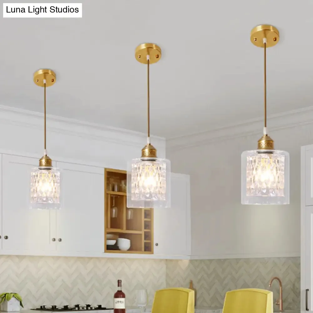 Contemporary Brass Cylinder Pendant Light with Double Clear Glass Shade