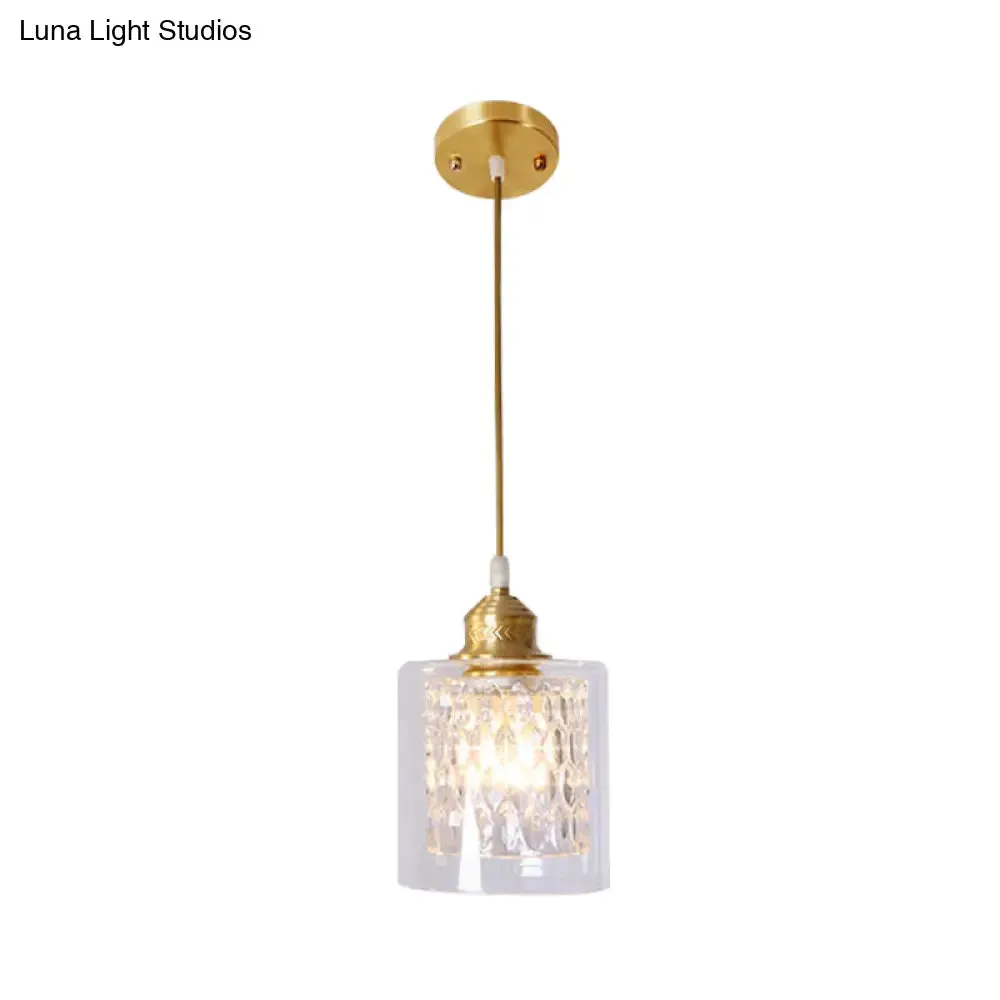 Contemporary Brass Cylinder Pendant Light with Double Clear Glass Shade