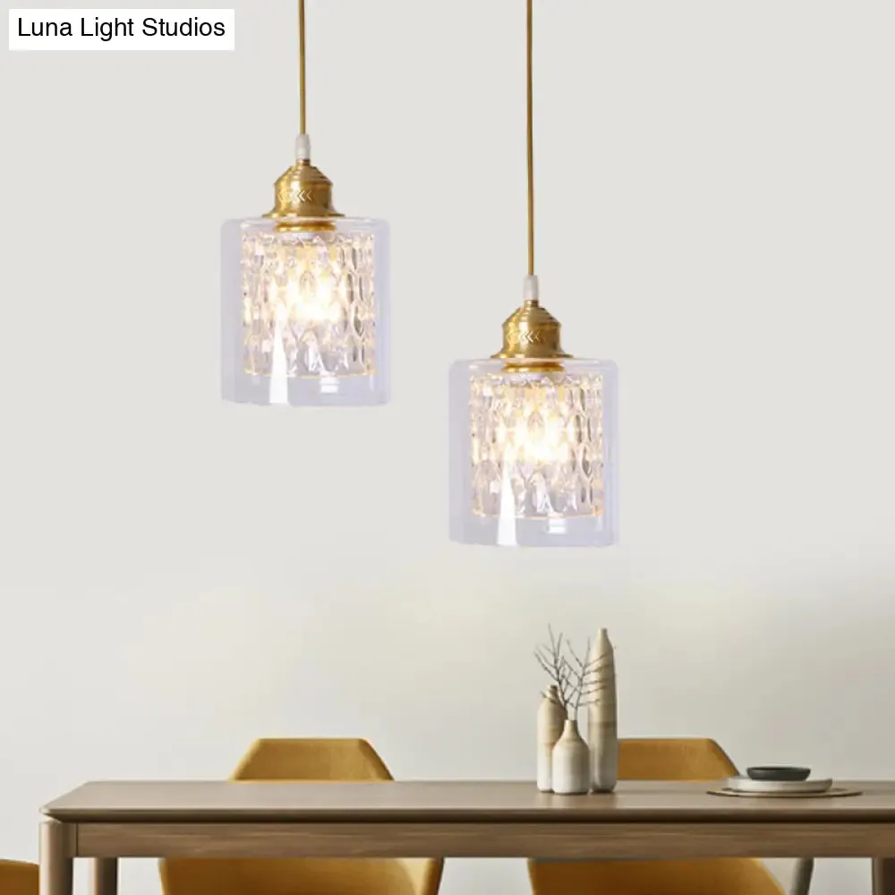 Contemporary Brass Cylinder Pendant Light with Double Clear Glass Shade