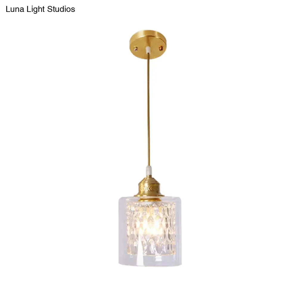 Contemporary Brass Cylinder Pendant Light with Double Clear Glass Shade