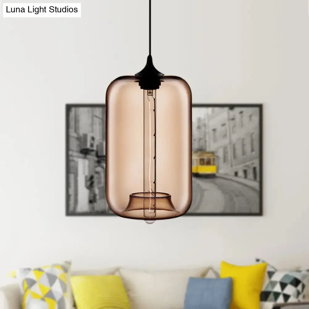 Contemporary Cylinder Glass Hanging Lamp - 1 Light, Red/Brown/Blue Ceiling Light