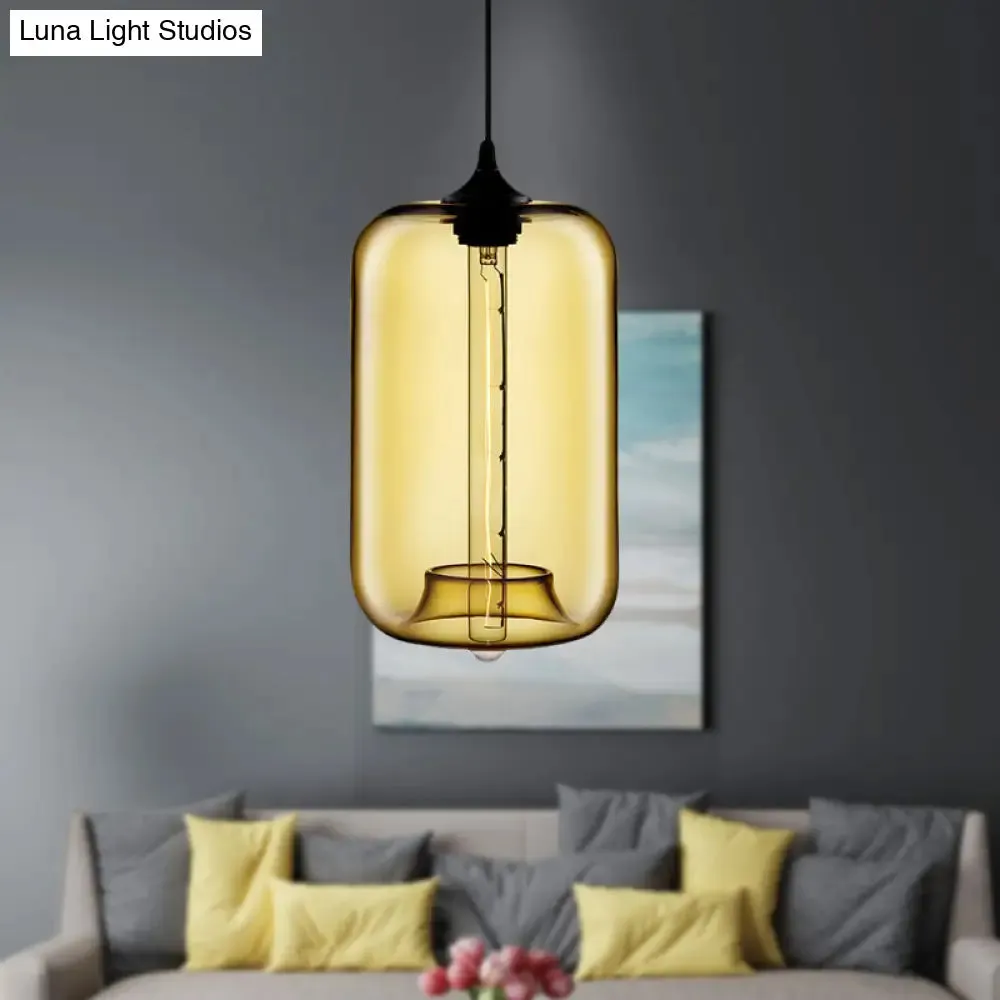Contemporary Cylinder Glass Hanging Lamp - 1 Light, Red/Brown/Blue Ceiling Light