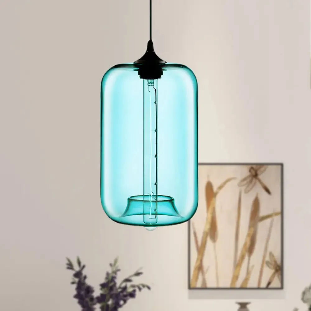 Contemporary Cylinder Glass Hanging Lamp - 1 Light, Red/Brown/Blue Ceiling Light
