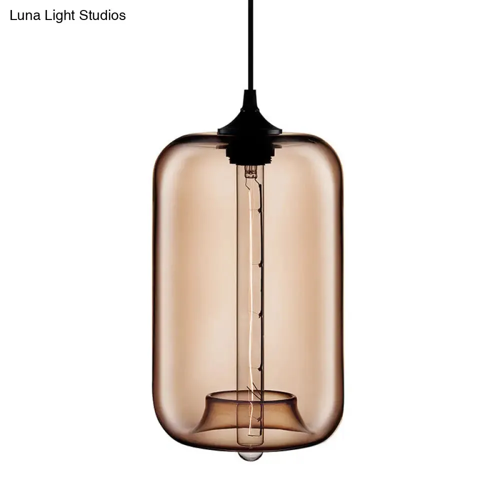 Contemporary Cylinder Glass Hanging Lamp - 1 Light, Red/Brown/Blue Ceiling Light