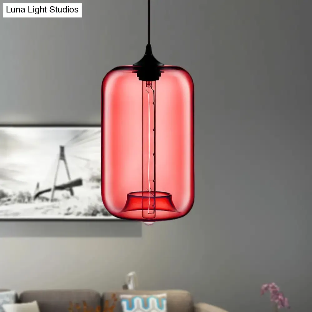 Contemporary Cylinder Glass Hanging Lamp - 1 Light, Red/Brown/Blue Ceiling Light