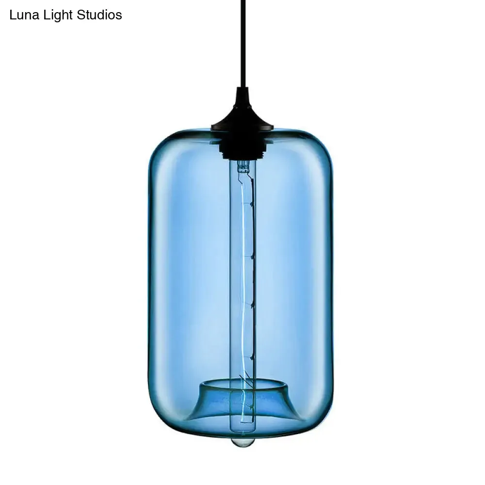 Contemporary Cylinder Glass Hanging Lamp - 1 Light, Red/Brown/Blue Ceiling Light