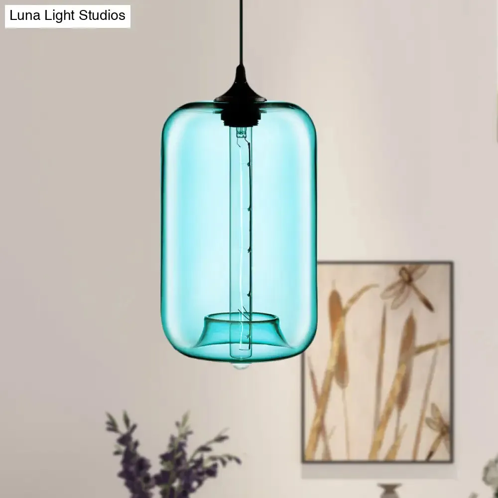 Contemporary Cylinder Glass Hanging Lamp - 1 Light, Red/Brown/Blue Ceiling Light