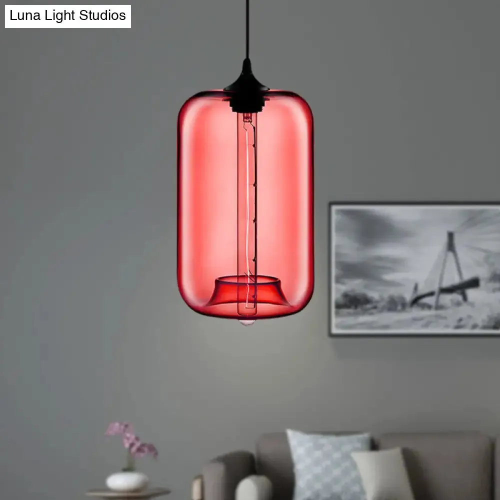 Contemporary Cylinder Glass Hanging Lamp - 1 Light, Red/Brown/Blue Ceiling Light