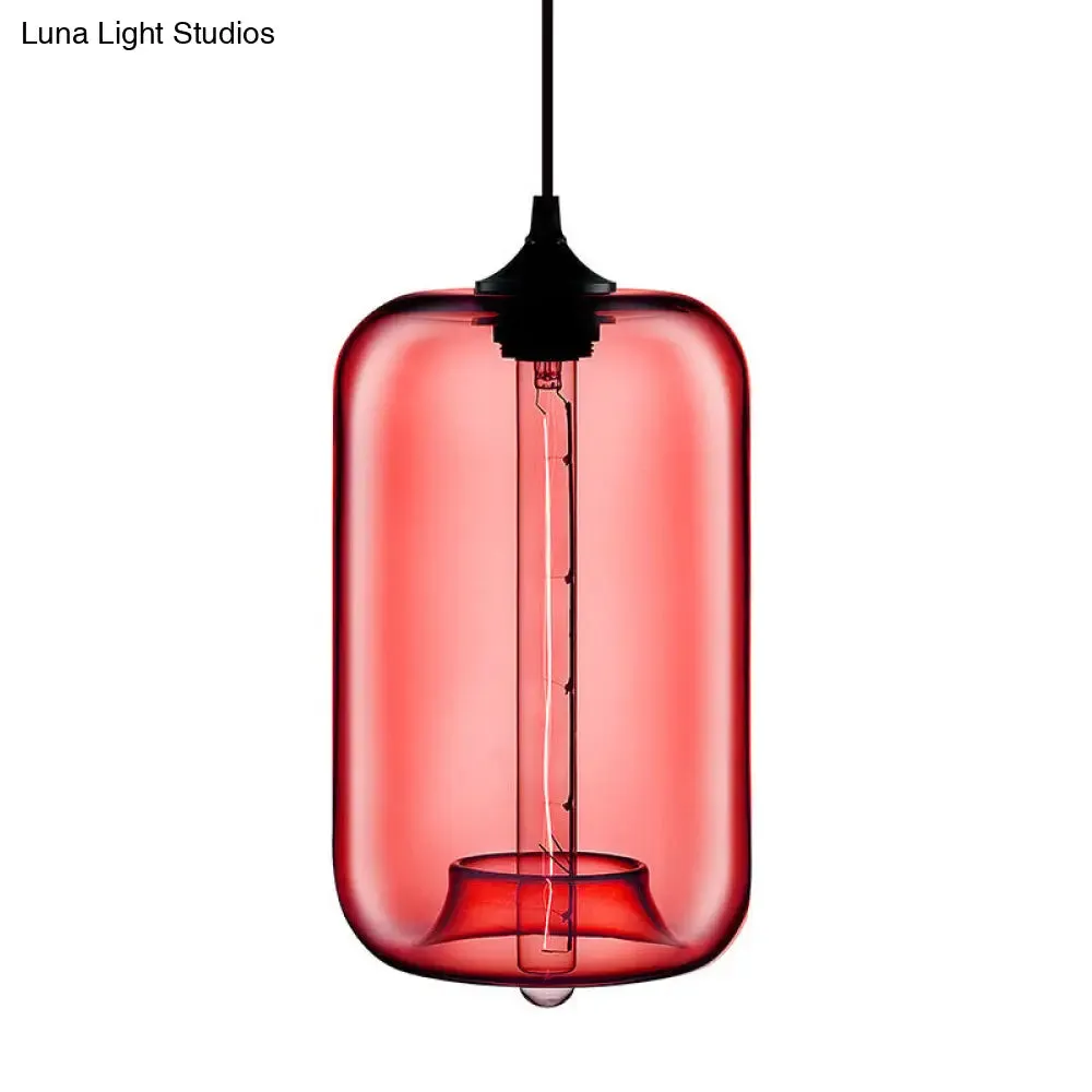 Contemporary Cylinder Glass Hanging Lamp - 1 Light, Red/Brown/Blue Ceiling Light