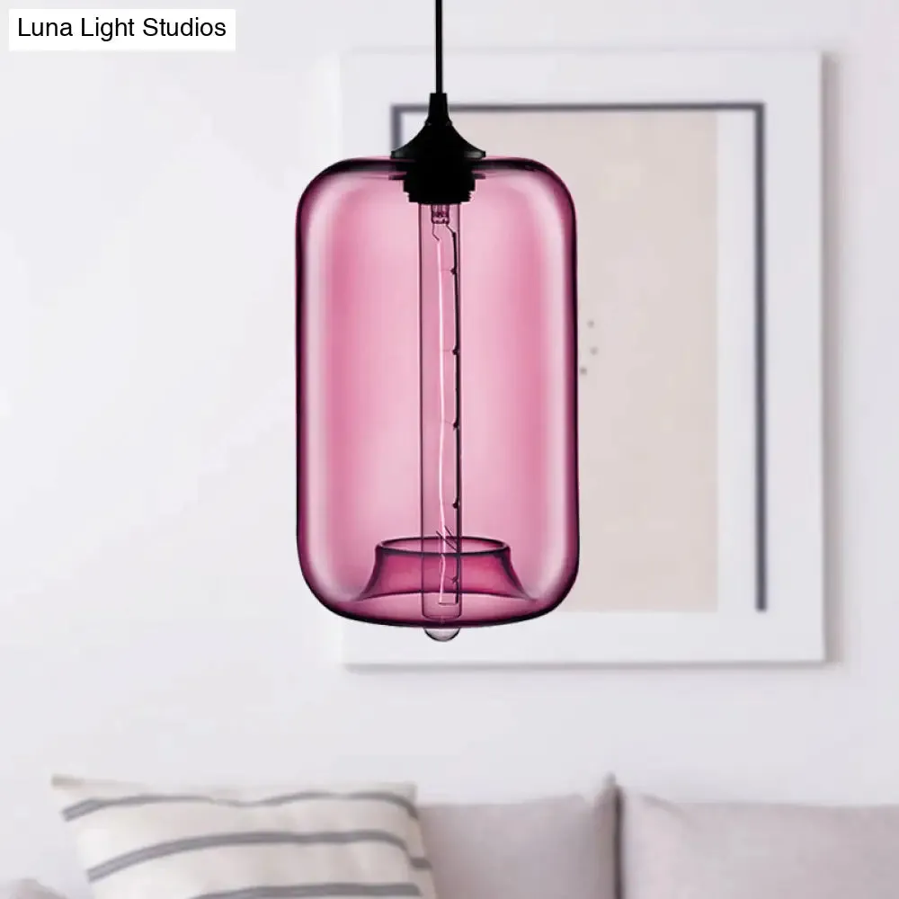 Contemporary Cylinder Glass Hanging Lamp - 1 Light, Red/Brown/Blue Ceiling Light