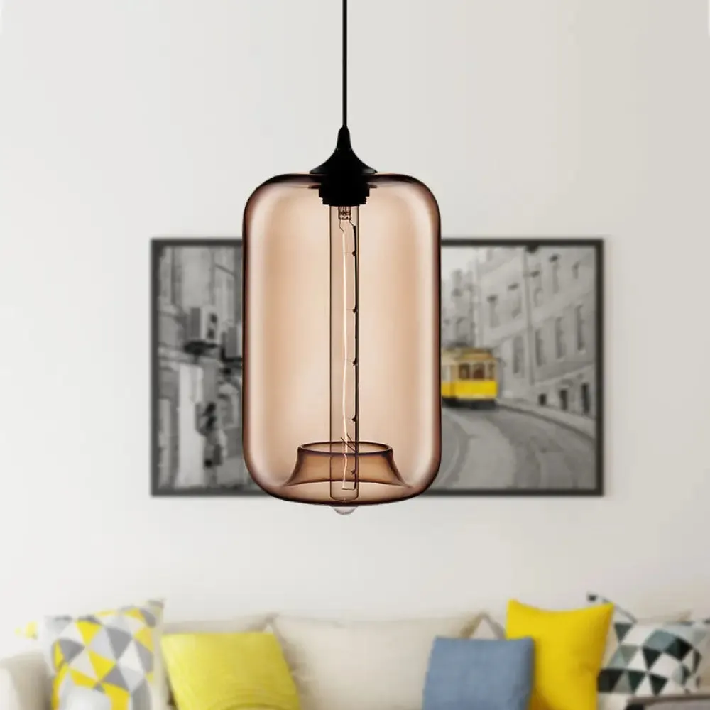 Contemporary Cylinder Glass Hanging Lamp - 1 Light, Red/Brown/Blue Ceiling Light