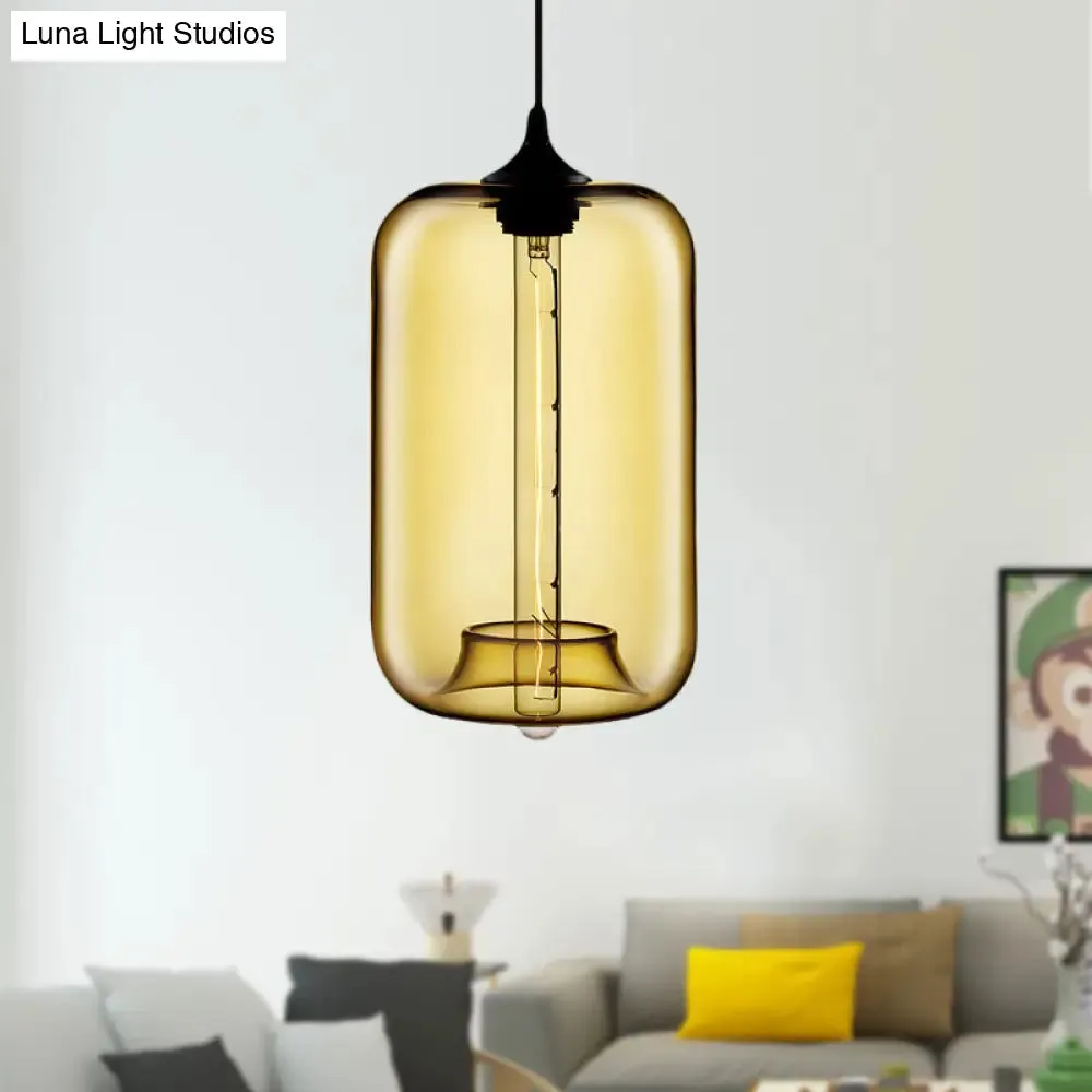 Contemporary Cylinder Glass Hanging Lamp - 1 Light, Red/Brown/Blue Ceiling Light