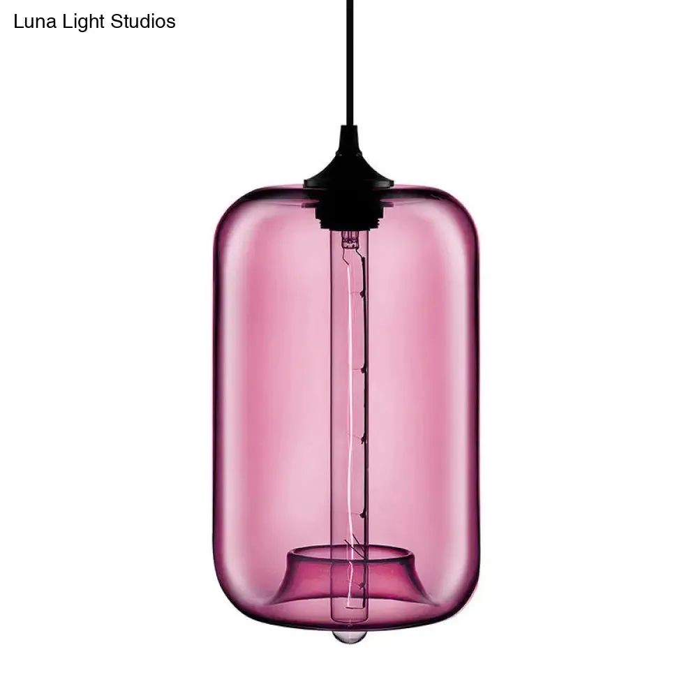 Contemporary Cylinder Glass Hanging Lamp - 1 Light, Red/Brown/Blue Ceiling Light