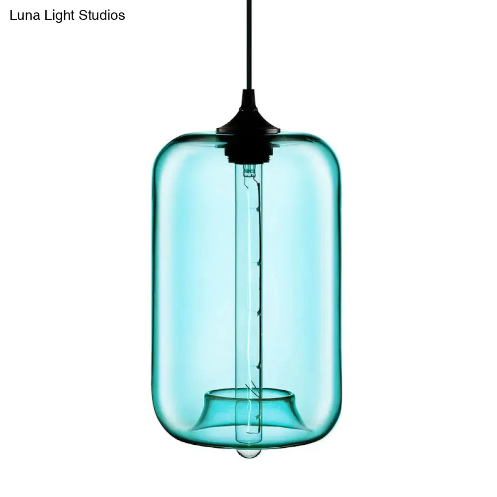Contemporary Cylinder Glass Hanging Lamp - 1 Light, Red/Brown/Blue Ceiling Light