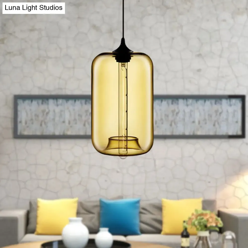 Contemporary Cylinder Glass Hanging Lamp - 1 Light, Red/Brown/Blue Ceiling Light