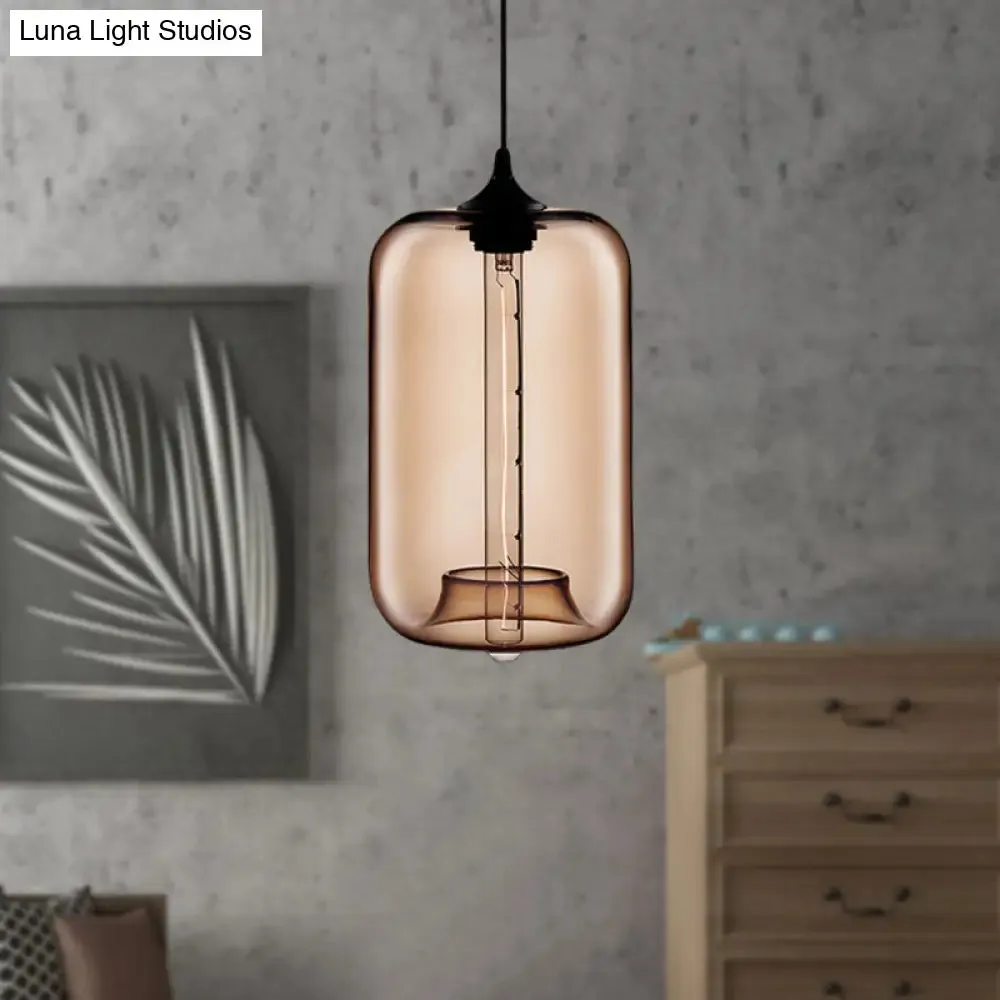 Contemporary Cylinder Glass Hanging Lamp - 1 Light, Red/Brown/Blue Ceiling Light
