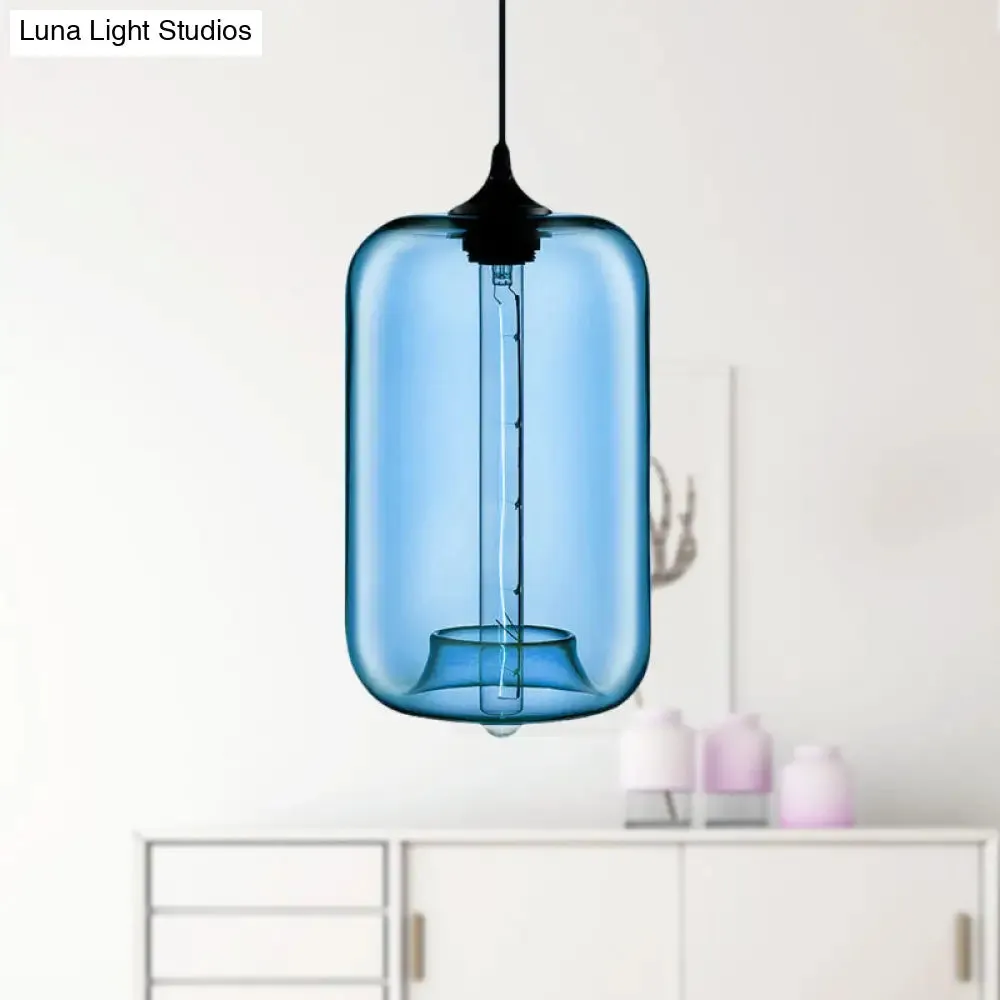 Contemporary Cylinder Glass Hanging Lamp - 1 Light, Red/Brown/Blue Ceiling Light