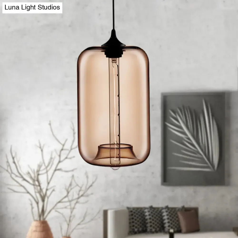 Contemporary Cylinder Glass Hanging Lamp - 1 Light, Red/Brown/Blue Ceiling Light
