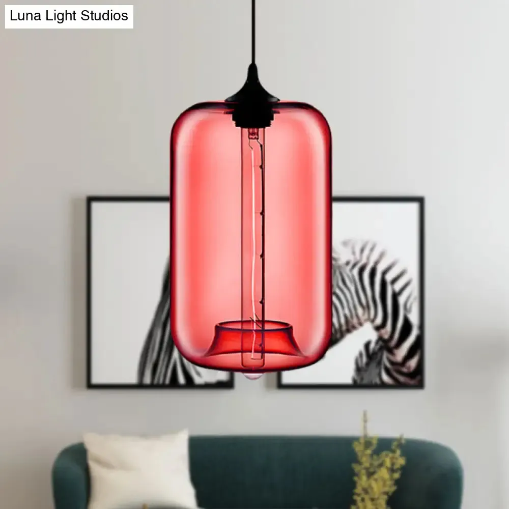 Contemporary Cylinder Glass Hanging Lamp - 1 Light, Red/Brown/Blue Ceiling Light