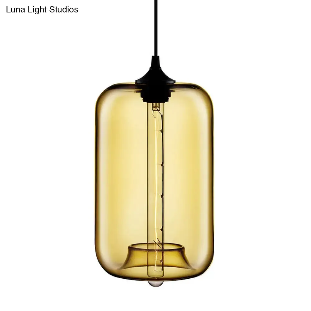 Contemporary Cylinder Glass Hanging Lamp - 1 Light, Red/Brown/Blue Ceiling Light