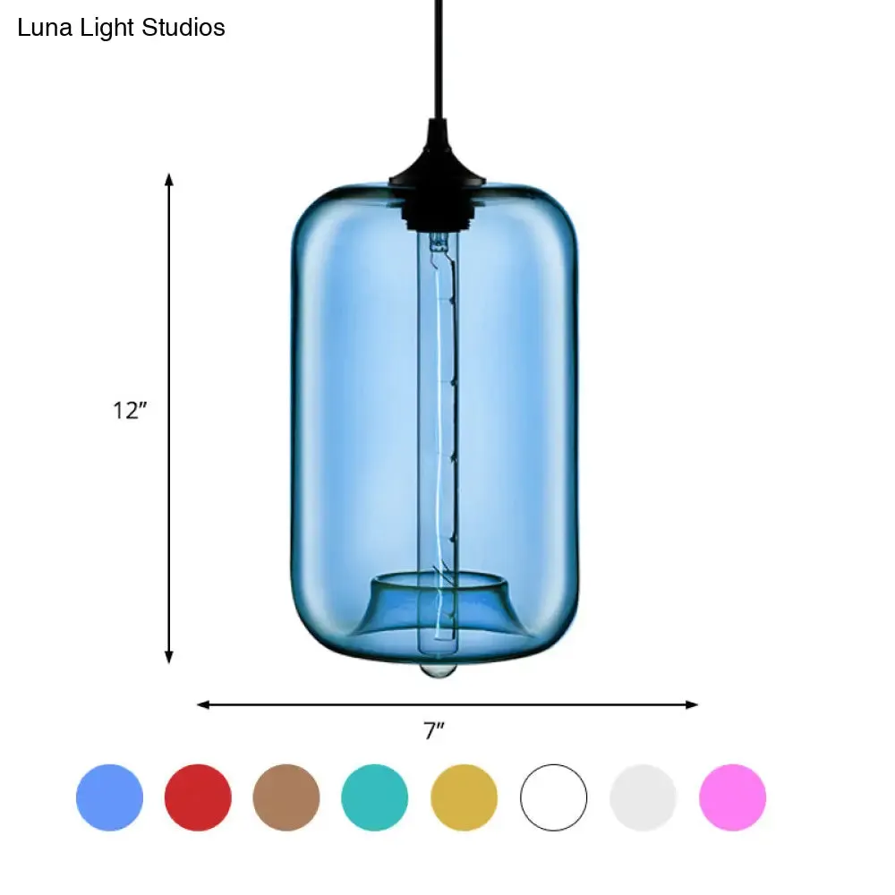 Contemporary Cylinder Glass Hanging Lamp - 1 Light, Red/Brown/Blue Ceiling Light