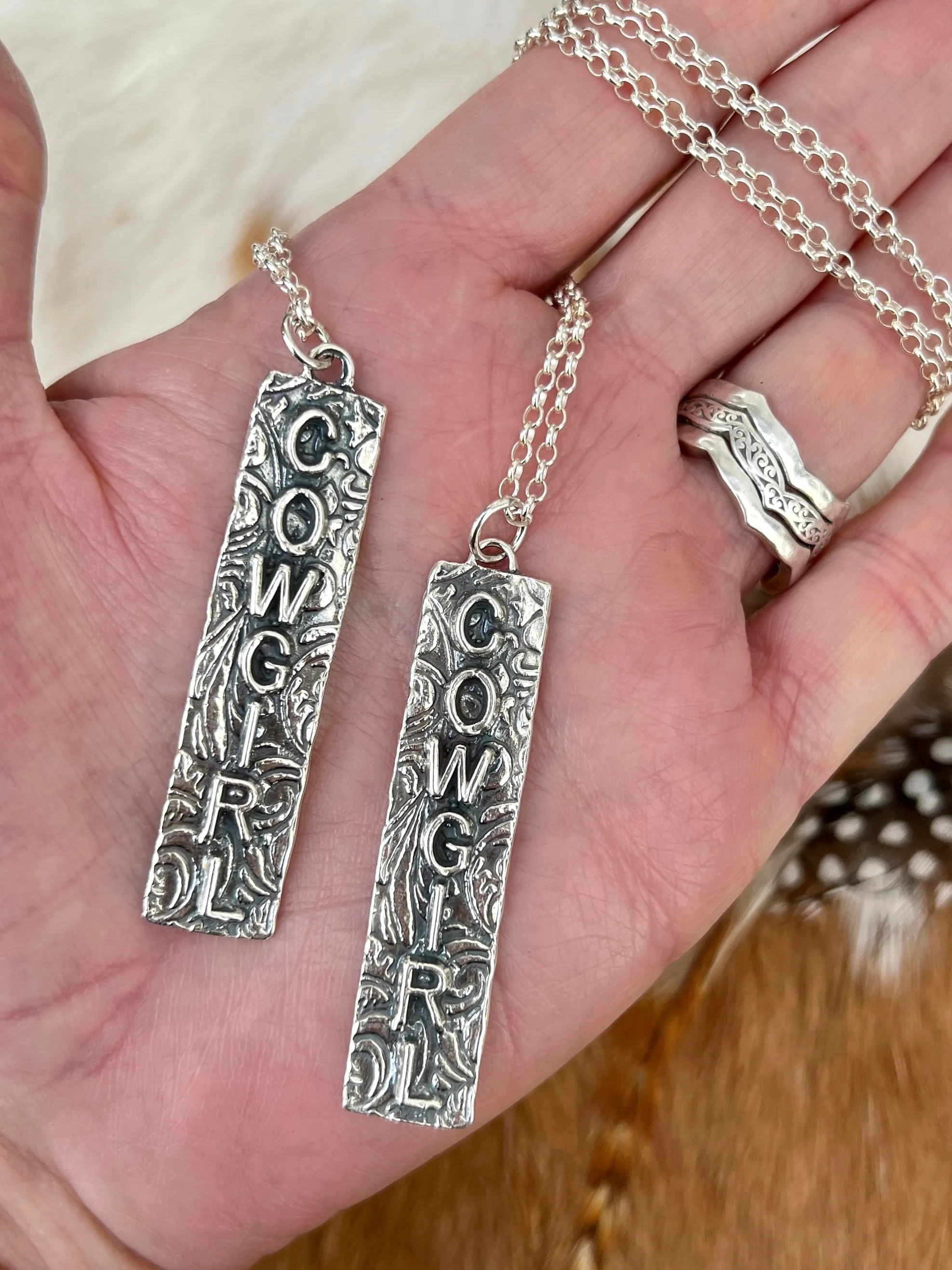 Cowgirl Bar Sterling Silver hand carved necklace