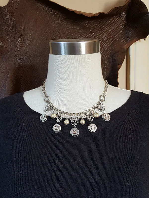 Diamond and Pearl Bib Style Bullet Necklace
