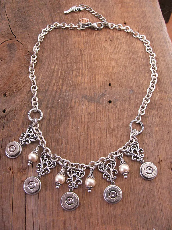 Diamond and Pearl Bib Style Bullet Necklace