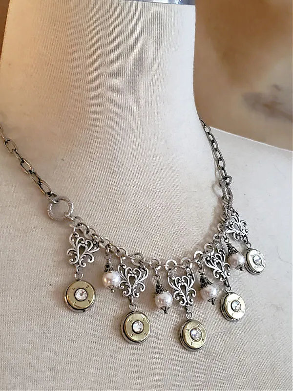 Diamond and Pearl Bib Style Bullet Necklace