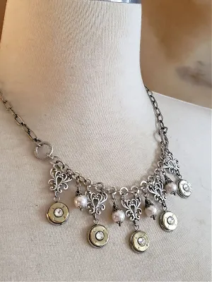 Diamond and Pearl Bib Style Bullet Necklace