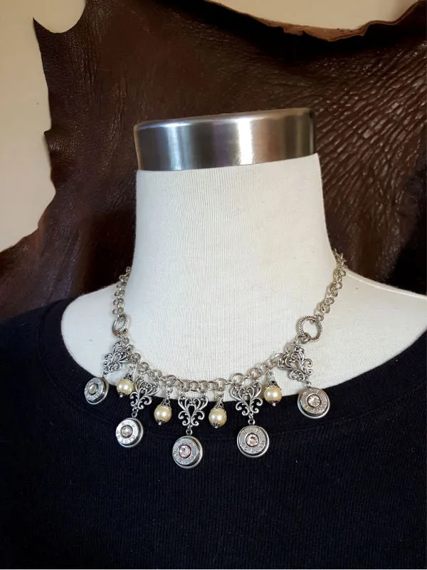 Diamond and Pearl Bib Style Bullet Necklace