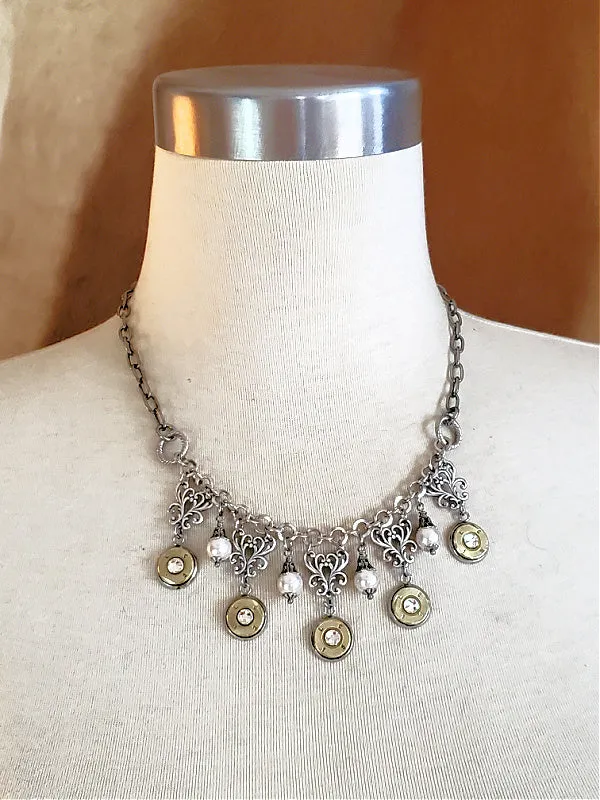 Diamond and Pearl Bib Style Bullet Necklace