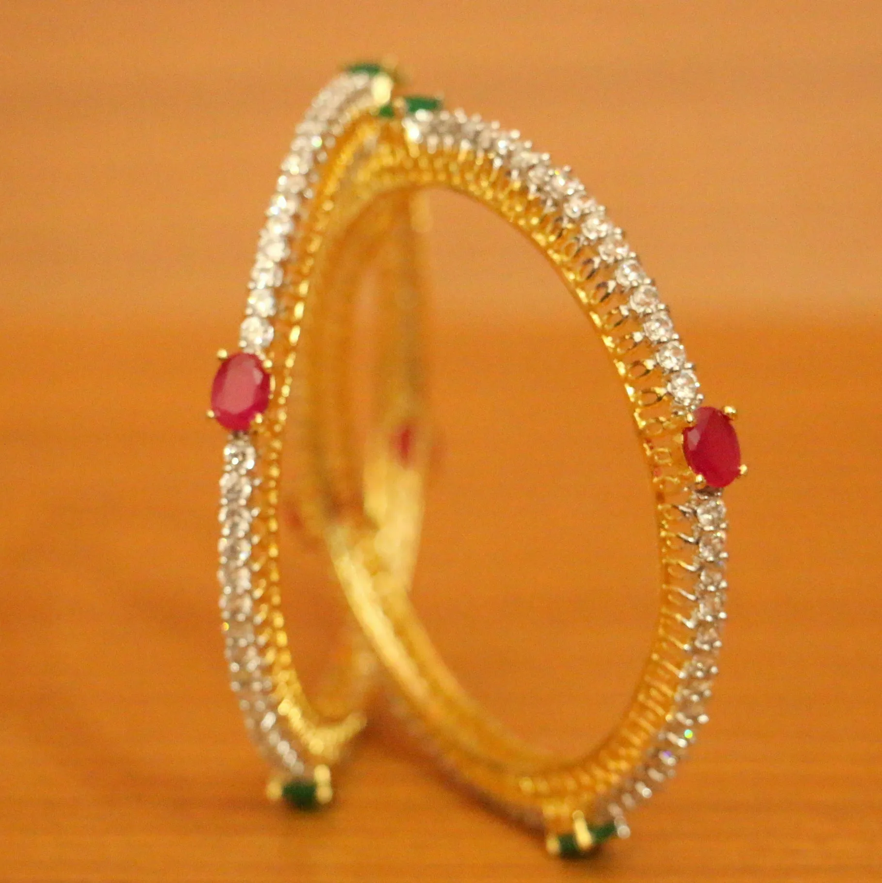 DIAMOND LOOK RUBY & EMERALD LOOK GOLD PLATED BANGLES