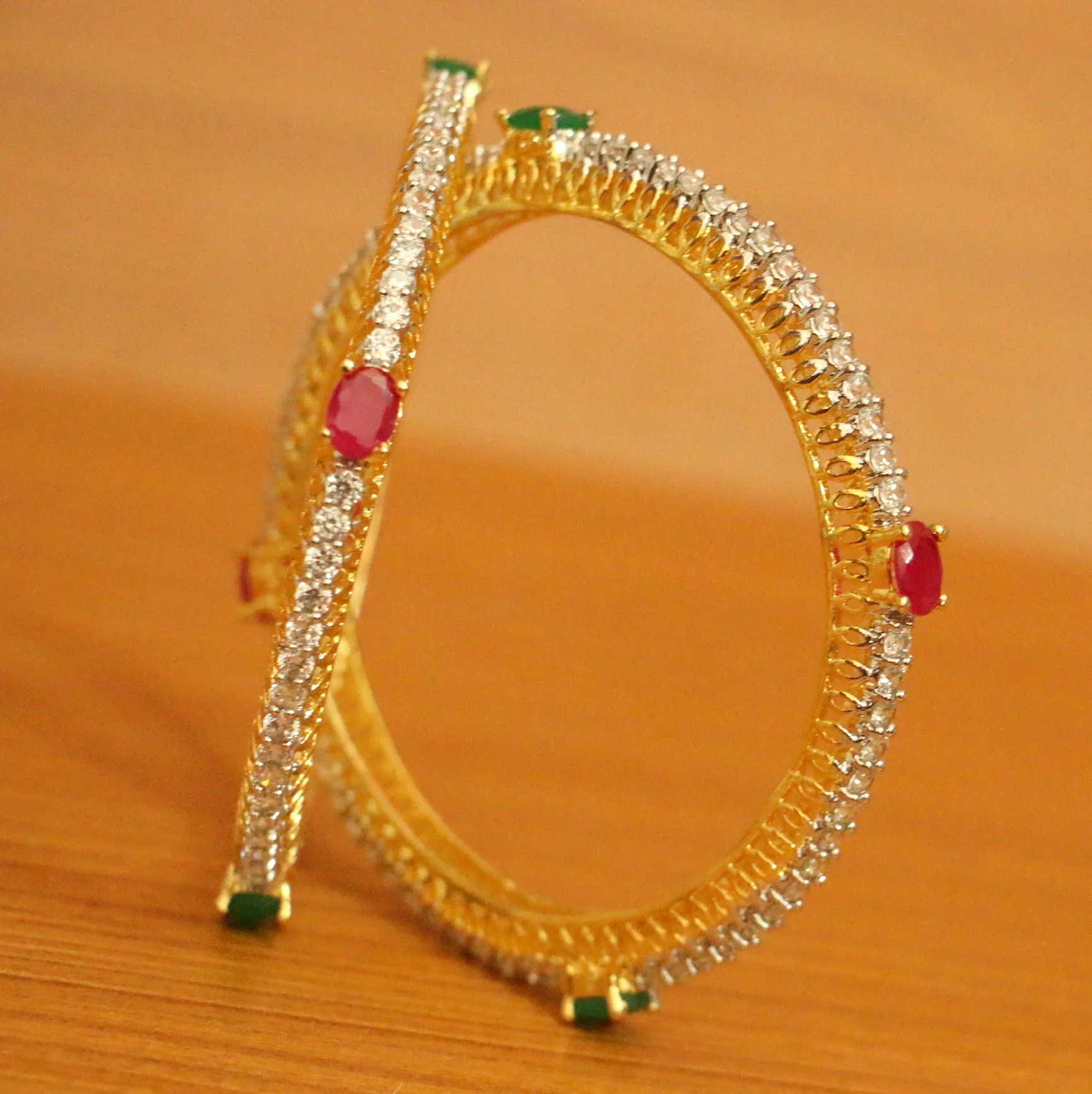 DIAMOND LOOK RUBY & EMERALD LOOK GOLD PLATED BANGLES