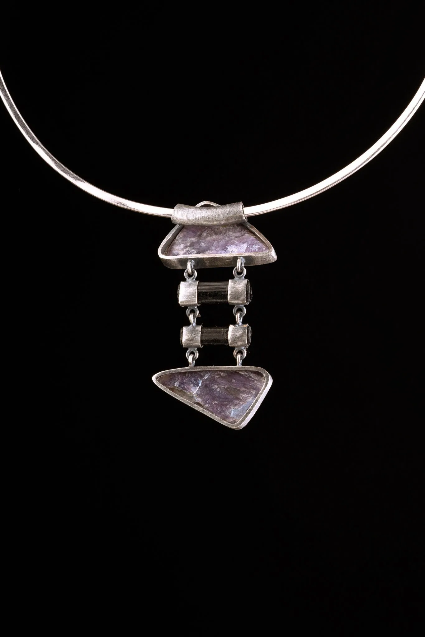 Double AAA Charoite & double natural black Tourmaline sticks   - Sterling Silver - Rustic Finish -  Pendant
