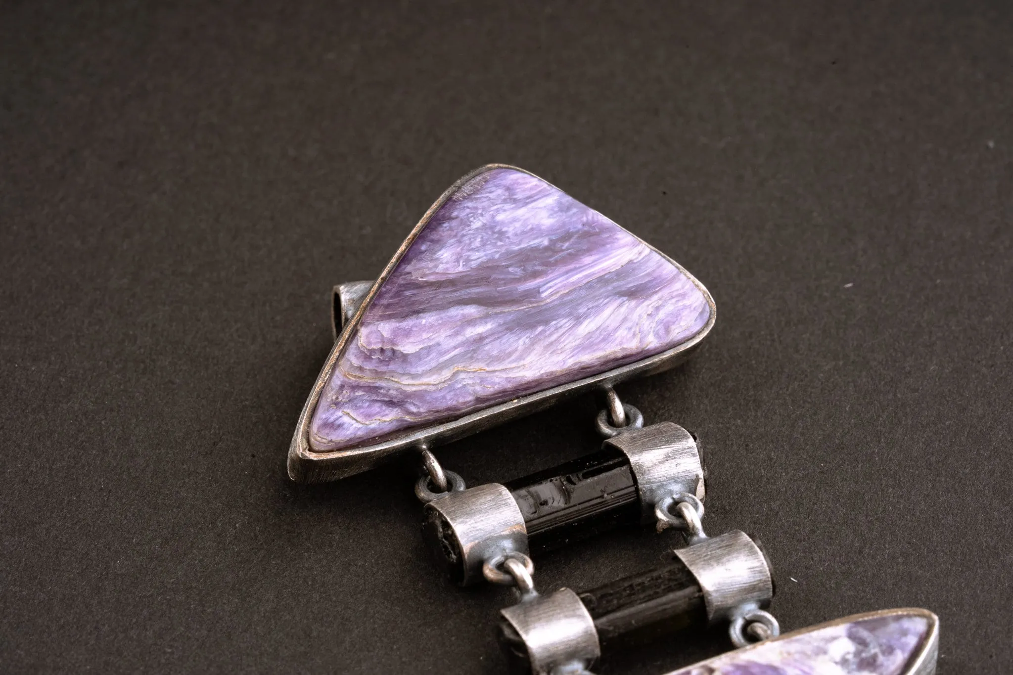 Double AAA Charoite & double natural black Tourmaline sticks   - Sterling Silver - Rustic Finish -  Pendant