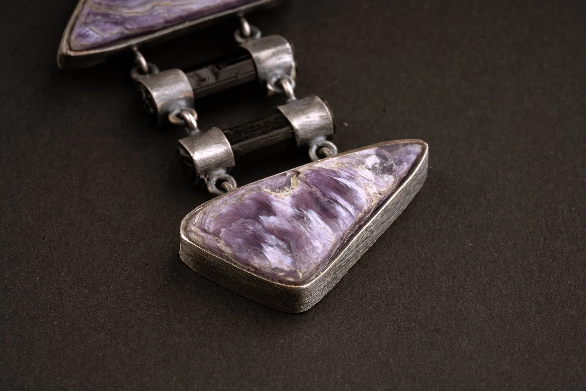 Double AAA Charoite & double natural black Tourmaline sticks   - Sterling Silver - Rustic Finish -  Pendant