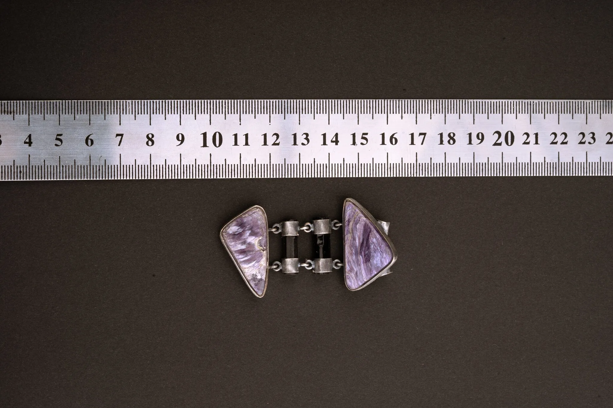 Double AAA Charoite & double natural black Tourmaline sticks   - Sterling Silver - Rustic Finish -  Pendant