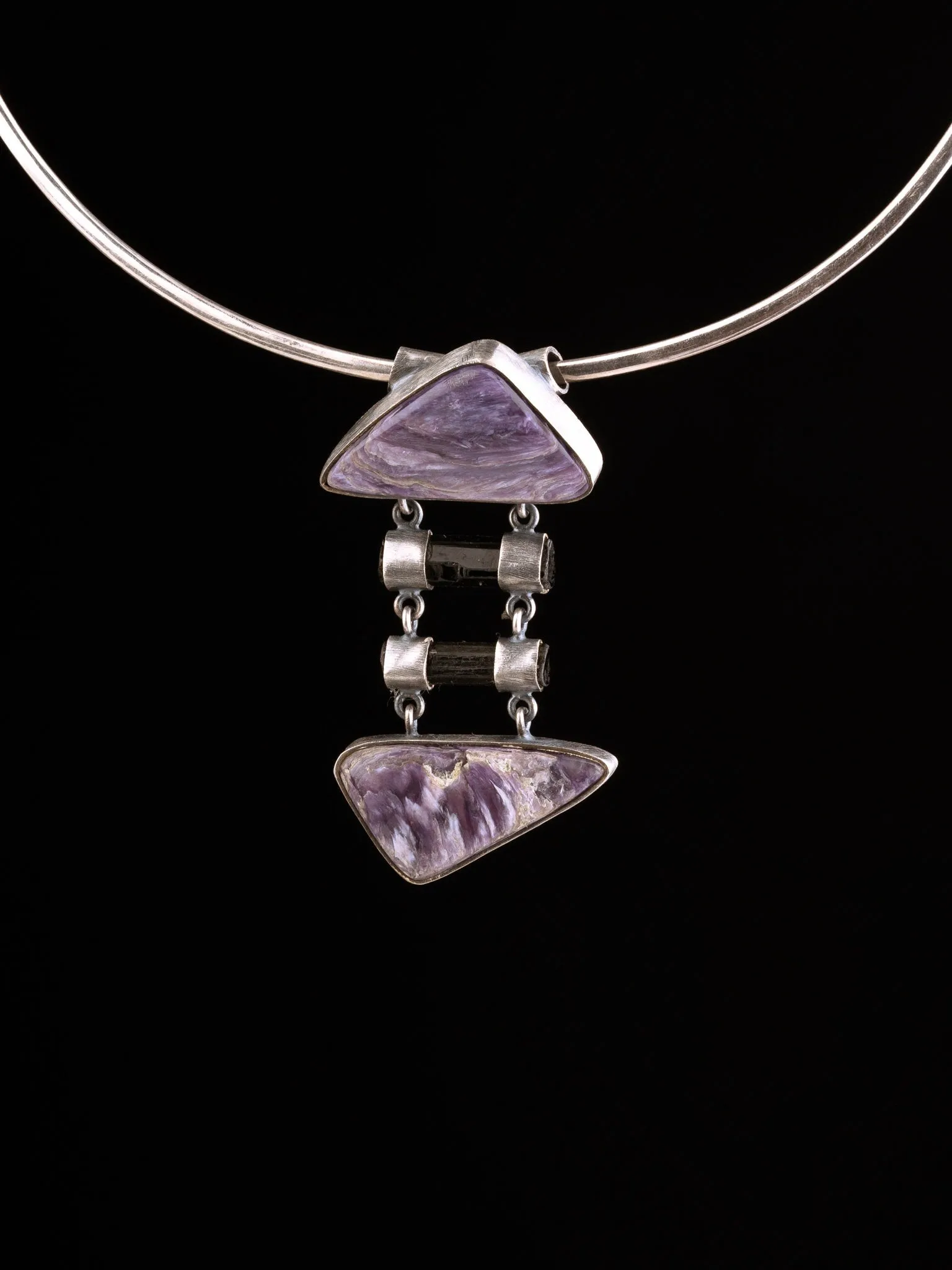 Double AAA Charoite & double natural black Tourmaline sticks   - Sterling Silver - Rustic Finish -  Pendant
