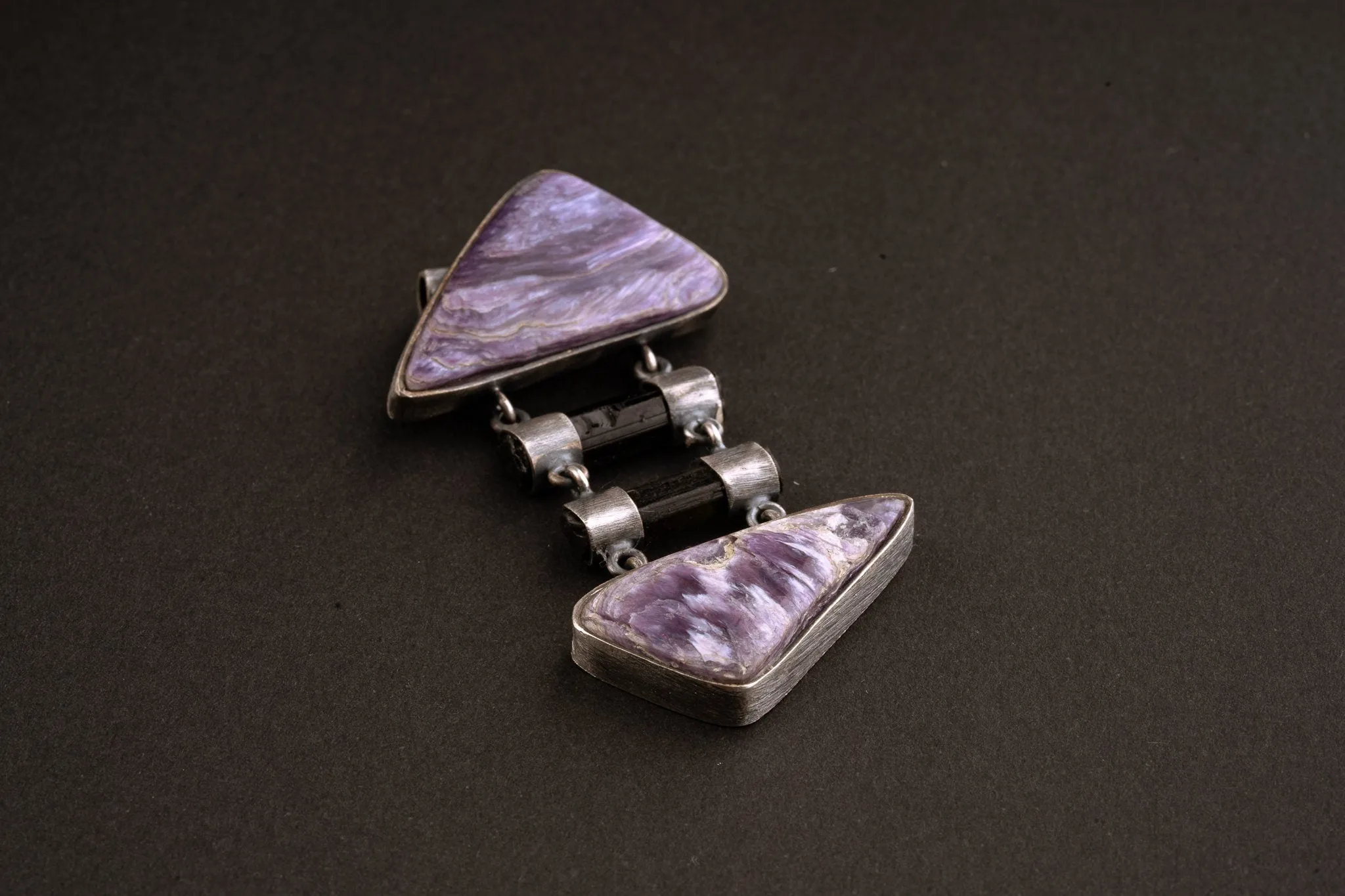 Double AAA Charoite & double natural black Tourmaline sticks   - Sterling Silver - Rustic Finish -  Pendant