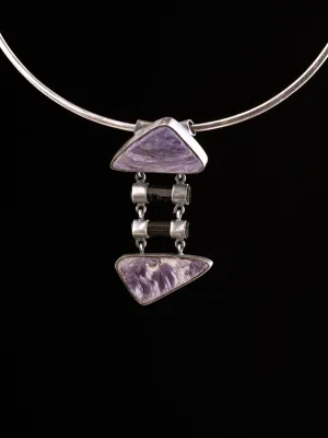 Double AAA Charoite & double natural black Tourmaline sticks   - Sterling Silver - Rustic Finish -  Pendant