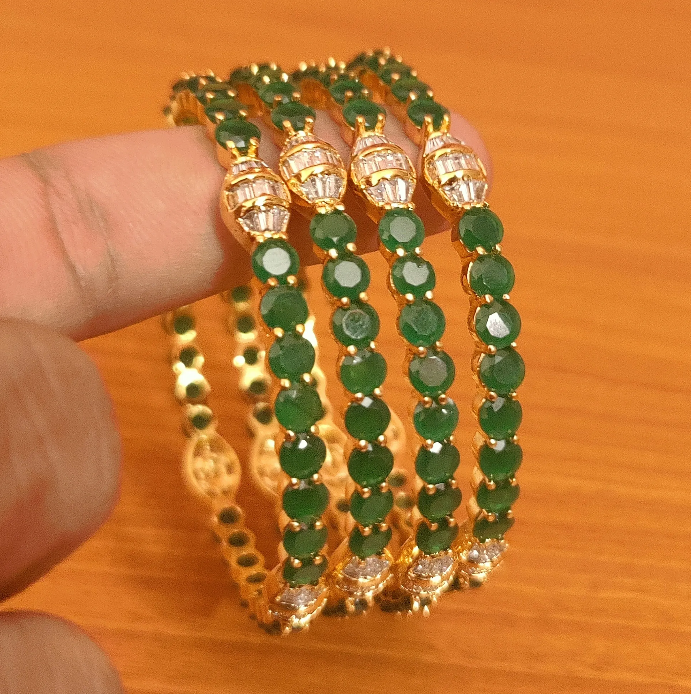 EMERALD & CZ STUDDED GOLD LOOK BANGLES