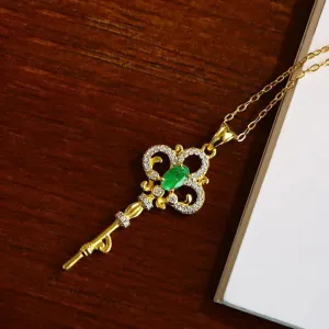Emerald Crystals Key Pendant Light Luxury Delicate Green Gemstone Necklaces