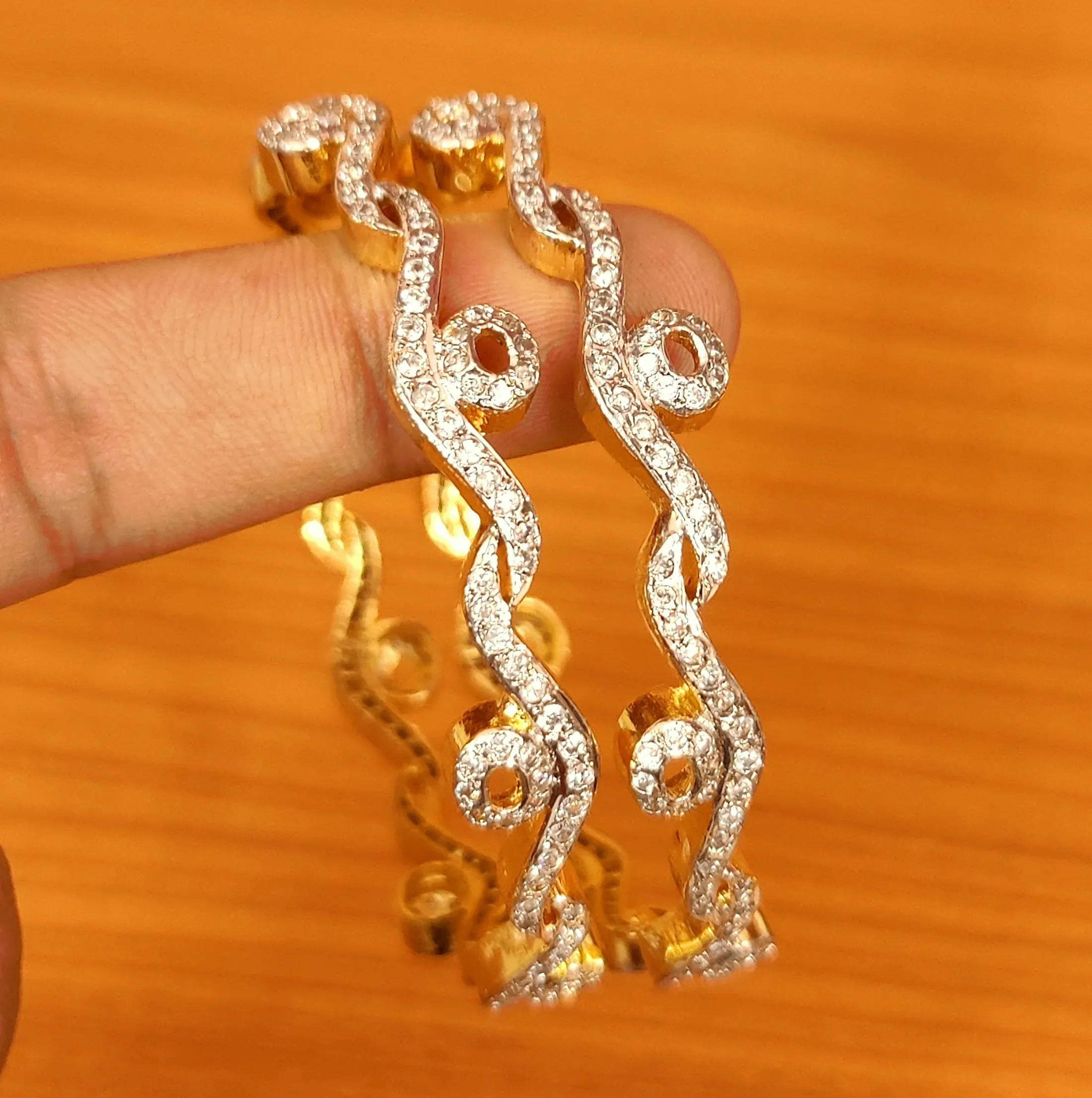 ETHNIC GOLD PLATED CZ STUDDED DIAMOND LOOK BANGLES