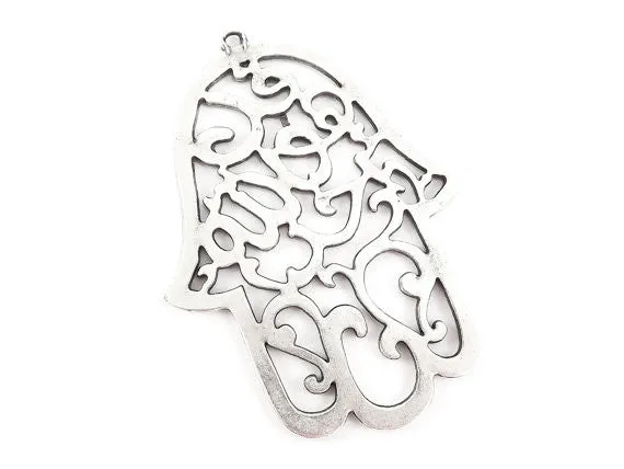 Extra Large Fretwork Hamsa Hand of Fatima Pendant Charm - Matte Antique Silver Plated - 1PC