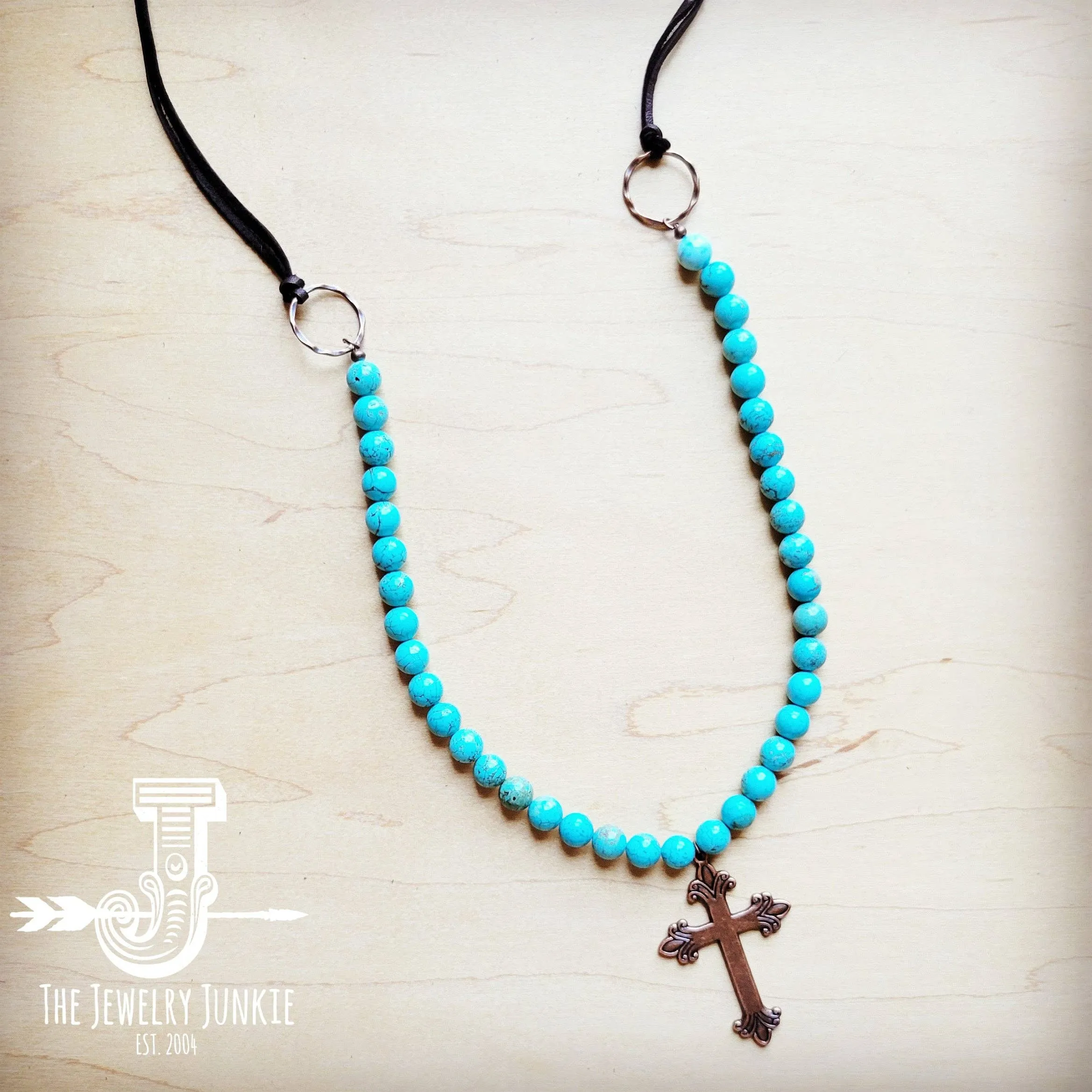 Frosted Magnesite Necklace w/ Copper Cross