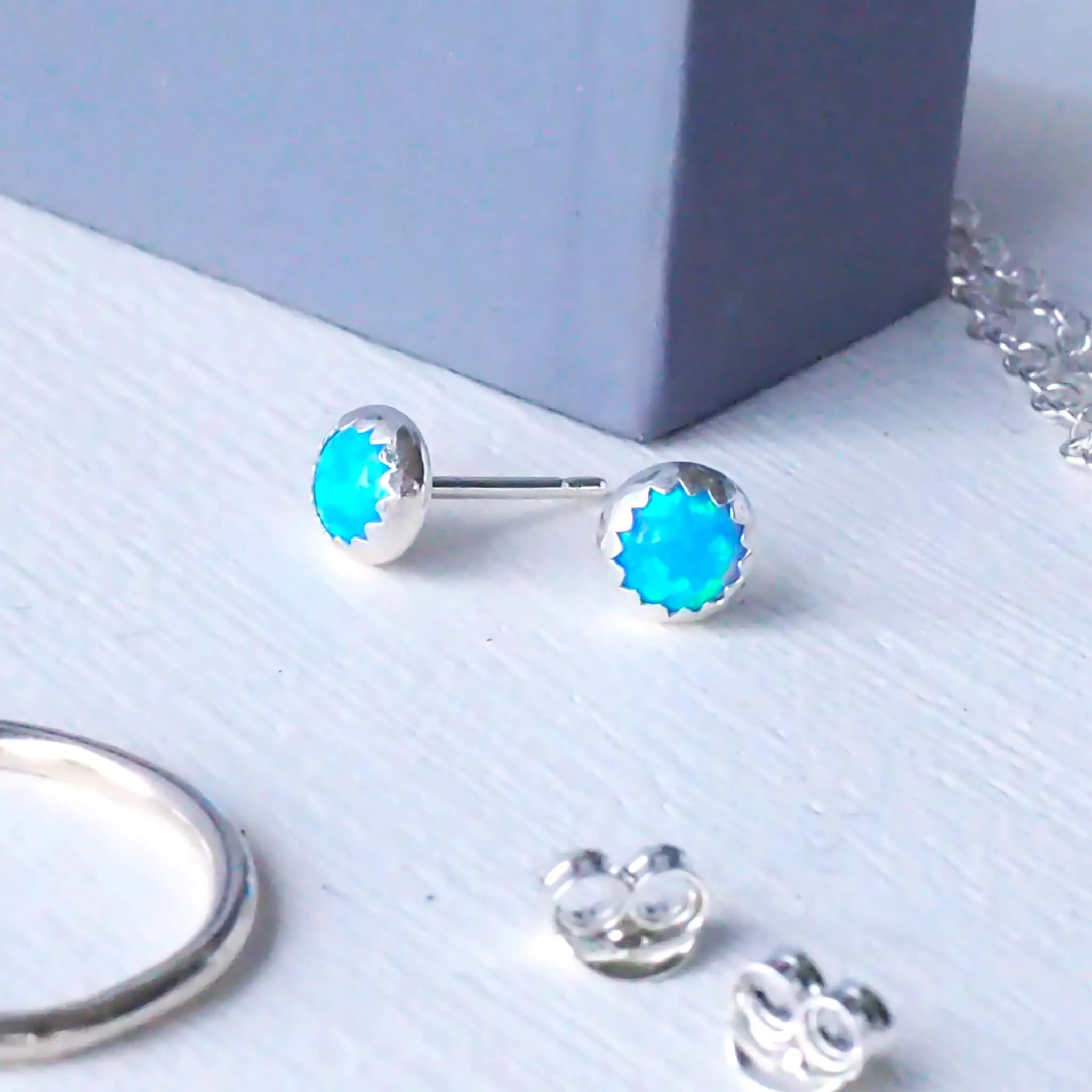 Gemstone Sterling Silver Studs - Blue Opal