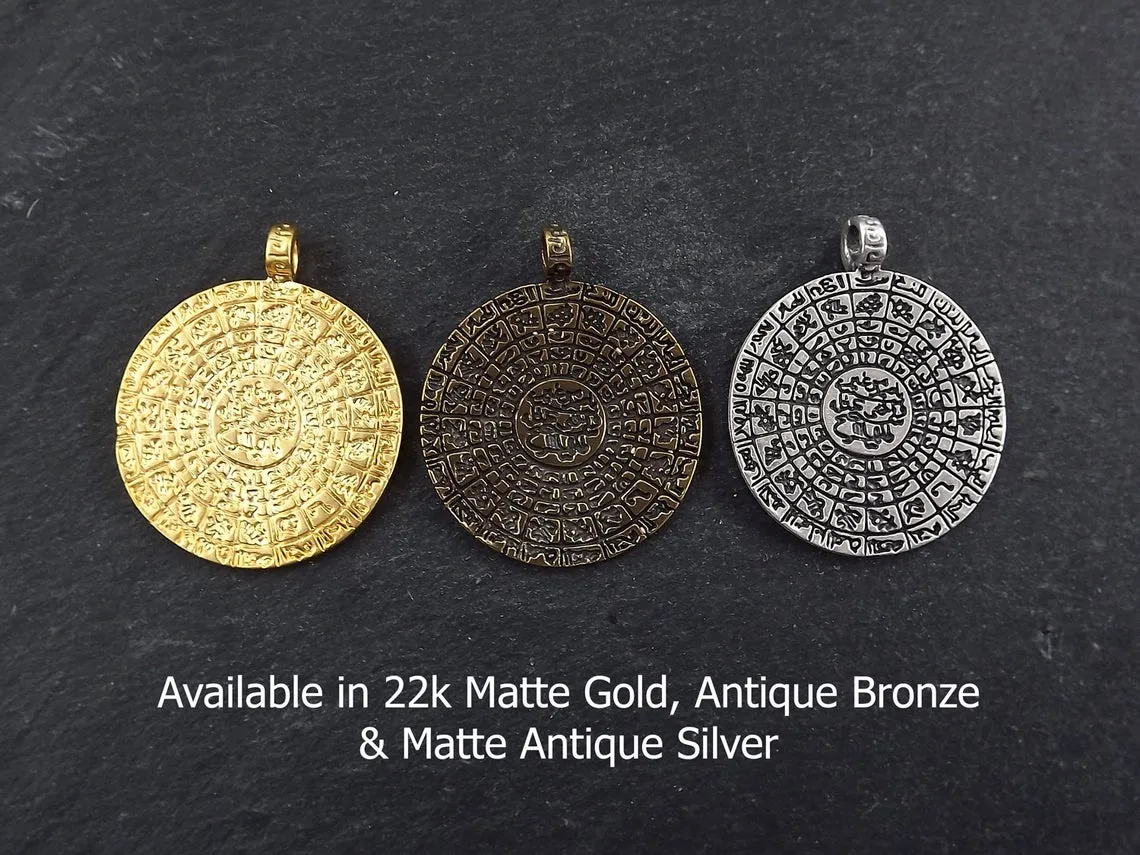 Gold Medallion Pendant, Gold Coin Pendant, Large Medallion, Qibla Chart, Gazetteer, Geographical Directory, 22k Matte Gold Bronze, 1pc