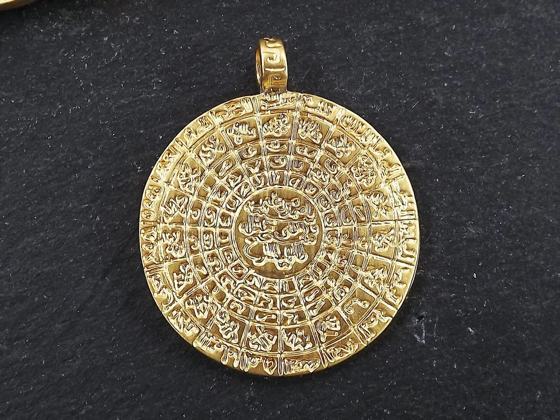 Gold Medallion Pendant, Gold Coin Pendant, Large Medallion, Qibla Chart, Gazetteer, Geographical Directory, 22k Matte Gold Bronze, 1pc