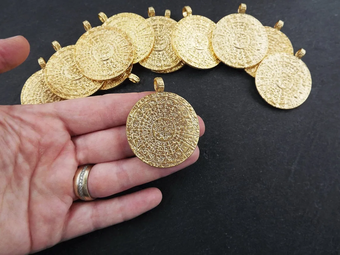 Gold Medallion Pendant, Gold Coin Pendant, Large Medallion, Qibla Chart, Gazetteer, Geographical Directory, 22k Matte Gold Bronze, 1pc